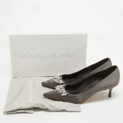 Pre Owned Manolo Blahnik Grey Satin Crystal Embellished Pumps Size 38
