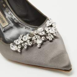 Pre Owned Manolo Blahnik Grey Satin Crystal Embellished Pumps Size 38