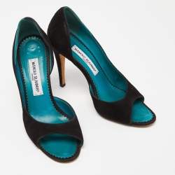Pre Owned Manolo Blahnik Black Suede D'Orsay Peep Toe Pumps Size 37.5