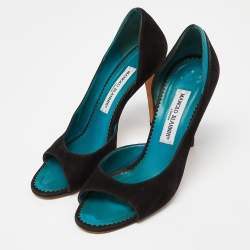 Pre Owned Manolo Blahnik Black Suede D'Orsay Peep Toe Pumps Size 37.5