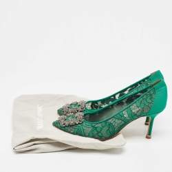 Pre Owned Manolo Blahnik Green Lace Hangisi Pumps Size 35.5