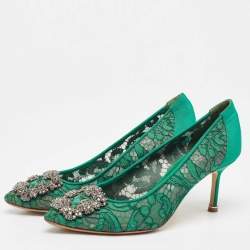 Pre Owned Manolo Blahnik Green Lace Hangisi Pumps Size 35.5