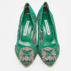 Pre Owned Manolo Blahnik Green Lace Hangisi Pumps Size 35.5