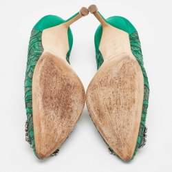 Pre Owned Manolo Blahnik Green Lace Hangisi Pumps Size 35.5