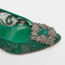 Pre Owned Manolo Blahnik Green Lace Hangisi Pumps Size 35.5