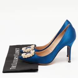 Pre Owned Manolo Blahnik Blue Satin Hangisi Pumps Size 38.5