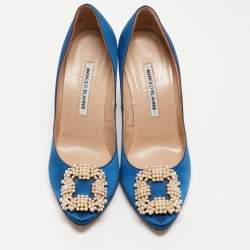 Pre Owned Manolo Blahnik Blue Satin Hangisi Pumps Size 38.5