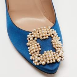 Pre Owned Manolo Blahnik Blue Satin Hangisi Pumps Size 38.5