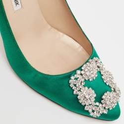Pre Owned Manolo Blahnik Green Satin Hangisi Pumps Size 38