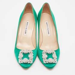 Pre Owned Manolo Blahnik Green Satin Hangisi Pumps Size 38