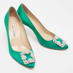 Pre Owned Manolo Blahnik Green Satin Hangisi Pumps Size 38