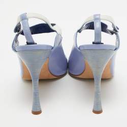 Manolo Blahnik Blue/White Leather Peep Toe Slingback Pumps Size 40  