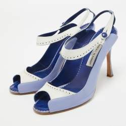 Manolo Blahnik Blue/White Leather Peep Toe Slingback Pumps Size 40  