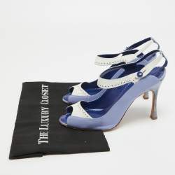 Manolo Blahnik Blue/White Leather Peep Toe Slingback Pumps Size 40  