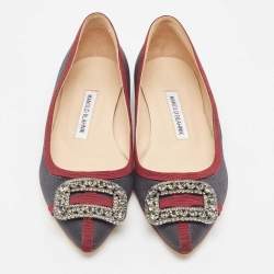 Manolo Blahnik Grey/Burgundy Fabric Gotrian Ballet Flats Size 37
