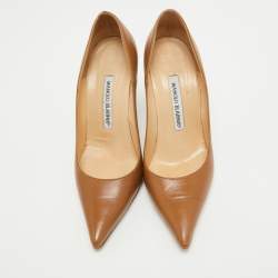 Pre Owned Manolo Blahnik Brown Leather BB Pointed Toe Pumps Size 36.5