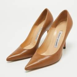 Pre Owned Manolo Blahnik Brown Leather BB Pointed Toe Pumps Size 36.5