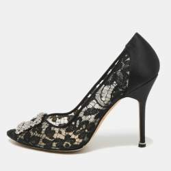 Pre Owned Manolo Blahnik Black Lace and Satin Hangisi Pumps Size 40.5