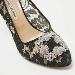 Pre Owned Manolo Blahnik Black Lace and Satin Hangisi Pumps Size 40.5