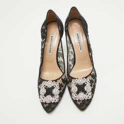 Pre Owned Manolo Blahnik Black Lace and Satin Hangisi Pumps Size 40.5