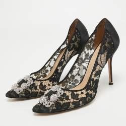 Pre Owned Manolo Blahnik Black Lace and Satin Hangisi Pumps Size 40.5