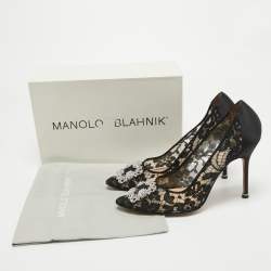 Pre Owned Manolo Blahnik Black Lace and Satin Hangisi Pumps Size 40.5