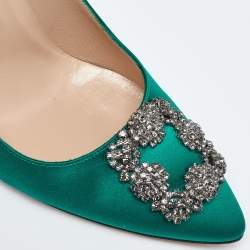 Pre Owned Manolo Blahnik Green Satin Hangisi Crystal Embellished Pumps Size 40