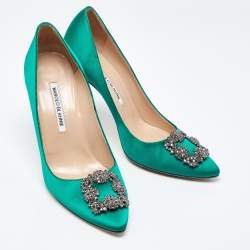 Pre Owned Manolo Blahnik Green Satin Hangisi Crystal Embellished Pumps Size 40