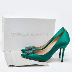Pre Owned Manolo Blahnik Green Satin Hangisi Crystal Embellished Pumps Size 40