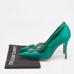 Pre Owned Manolo Blahnik Green Satin Brooch Crystal Embellished Pumps Size 38