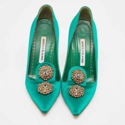 Pre Owned Manolo Blahnik Green Satin Brooch Crystal Embellished Pumps Size 38