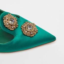 Pre Owned Manolo Blahnik Green Satin Brooch Crystal Embellished Pumps Size 38