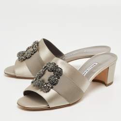 Pre Owned Manolo Blahnik Grey Satin Martamod Slide Sandals Size 42