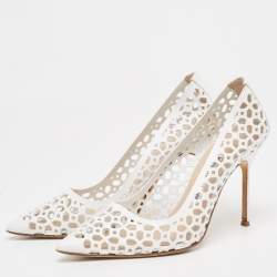 Pre Owned Manolo Blahnik White Leather Lasercut Accents Pumps Size 37