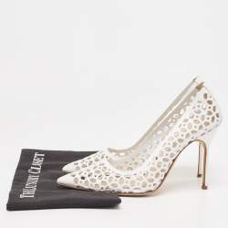 Pre Owned Manolo Blahnik White Leather Lasercut Accents Pumps Size 37