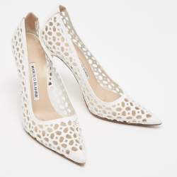 Pre Owned Manolo Blahnik White Leather Lasercut Accents Pumps Size 37