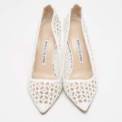 Pre Owned Manolo Blahnik White Leather Lasercut Accents Pumps Size 37