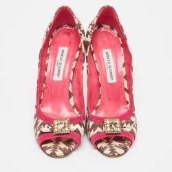 Manolo Blahnik Tricolor Printed Canvas and Suede Embellished Buckle Peep Toe Pumps Size 40.5