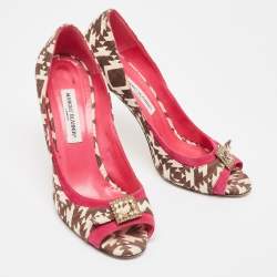 Manolo Blahnik Tricolor Printed Canvas and Suede Embellished Buckle Peep Toe Pumps Size 40.5