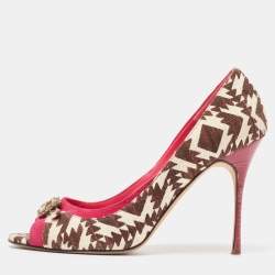 Manolo Blahnik Tricolor Printed Canvas and Suede Embellished Buckle Peep Toe Pumps Size 40.5