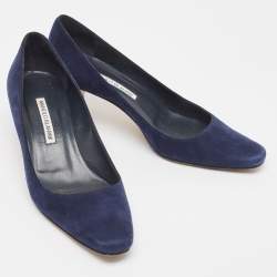 Manolo Blahnik Navy Blue Suede Block Heel Pumps Size 38