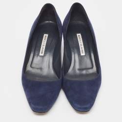 Manolo Blahnik Navy Blue Suede Block Heel Pumps Size 38