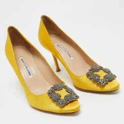 Pre Owned Manolo Blahnik Yellow Satin Hangisi Pumps Size 37