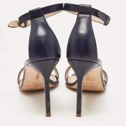 Pre Owned Manolo Blahnik Navy Blue Leather Chaos Ankle Strap Sandals Size 37.5