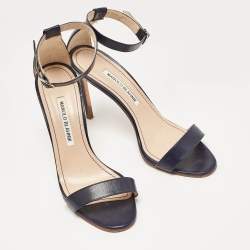 Pre Owned Manolo Blahnik Navy Blue Leather Chaos Ankle Strap Sandals Size 37.5