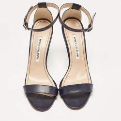 Pre Owned Manolo Blahnik Navy Blue Leather Chaos Ankle Strap Sandals Size 37.5