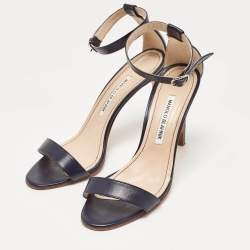 Pre Owned Manolo Blahnik Navy Blue Leather Chaos Ankle Strap Sandals Size 37.5