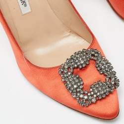 Pre Owned Manolo Blahnik Orange Satin Hangisi Pumps Size 37