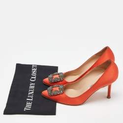 Pre Owned Manolo Blahnik Orange Satin Hangisi Pumps Size 37