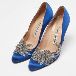 Manolo Blahnik Blue Satin Embellished Swan Pumps Size 37